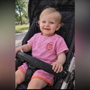 Vintage Authentic Kenzo Pink Long Sleeve Kids Tee with Floral Embroidery 12Month